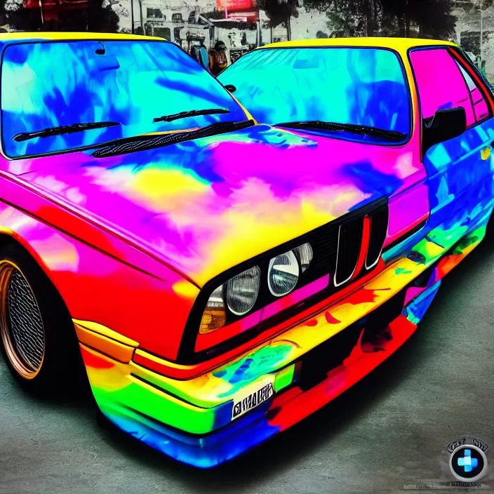 Image similar to bmw e 3 0 with psychedelic paint, kyza saleem, realistic, 4 k, sharp, detailed