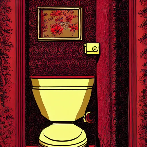 Prompt: a golden toilet with red flowers embossed into the material, the toilet is shiny, junji ito, varying locations, varying angles, color restoration