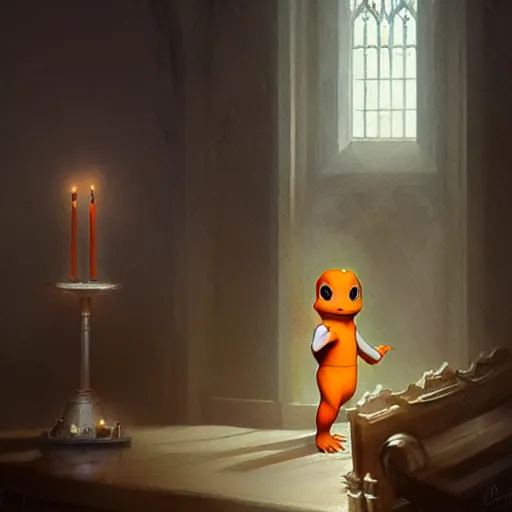 Image similar to charmander in his first communion, art by greg rutkowski, intricate, elegant, highly detailed, smooth, sharp focus, artstation