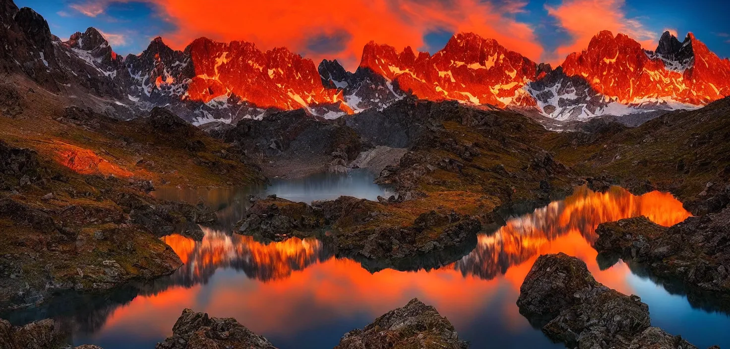 Image similar to amazing landscape photo of mountains with lake in sunset by marc adamus, beautiful dramatic lighting