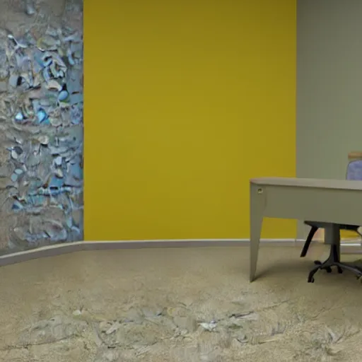 Image similar to 3 d render of jerma 9 8 5, jerma in a liminal space, non - euclidean space, endless halls of an office space, worn light mono - yellow 7 0 s wallpaper, old moist carpet, inconsistently - placed fluorescent lighting, high octane, blender, 3 d render