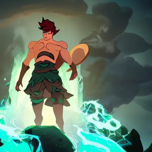 Prompt: a son of the sea god demigod with black and sea green eyes in the game Hades (2020) supergiant