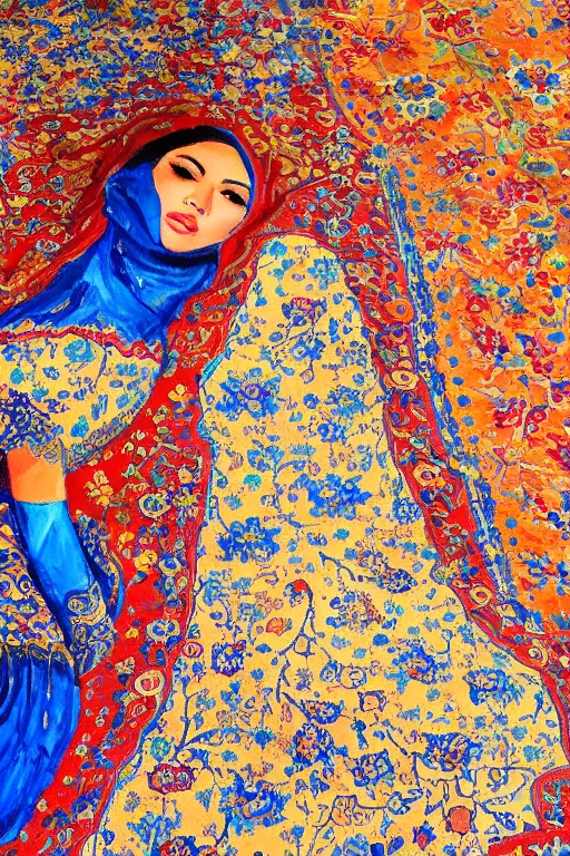 Image similar to gorgeous iranian girl waer detailed golden blue dress lay down on a detailed persian carpet a big tree palm persian pot, oil painting