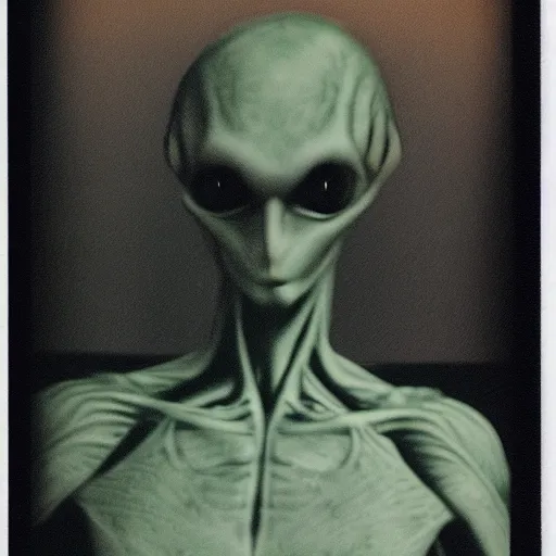 Image similar to polaroid of an alien, creepy, realistic,