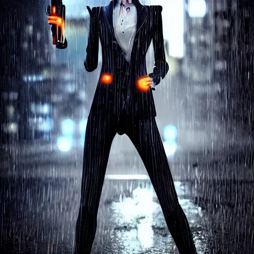 Image similar to stylish anime woman made out of rain, pinstripe suit, top hat, cyberpunk background, rendered in octane, unreal engine, raining, highly detailed, trending on artstation, realistic, neon, beautiful