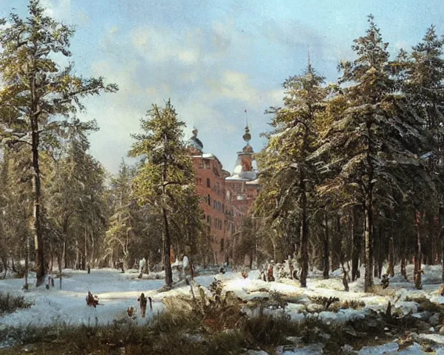 Image similar to beautiful matte painting of cute soviet block of flats hrushevka in end of forest by ivan shishkin,