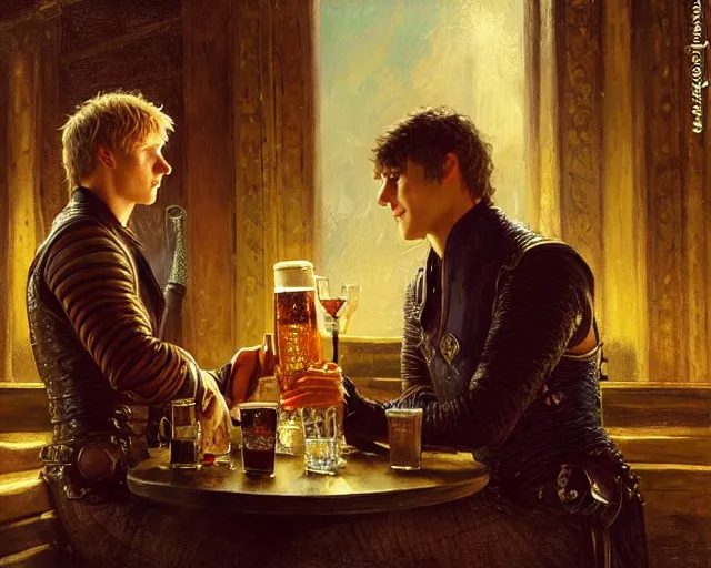 Image similar to attractive arthur pendragon and attractive merlin go to a pub together to have some drinks. highly detailed painting by gaston bussiere, craig mullins, j. c. leyendecker 8 k