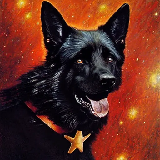 Image similar to a portrait of a black german shepard dogman canine with human eyes smiling holding a phaser star trek captain red shirt. highly detailed painting by gaston bussiere craig mullins jc leyendecker gustav klimt artgerm greg rutkowski