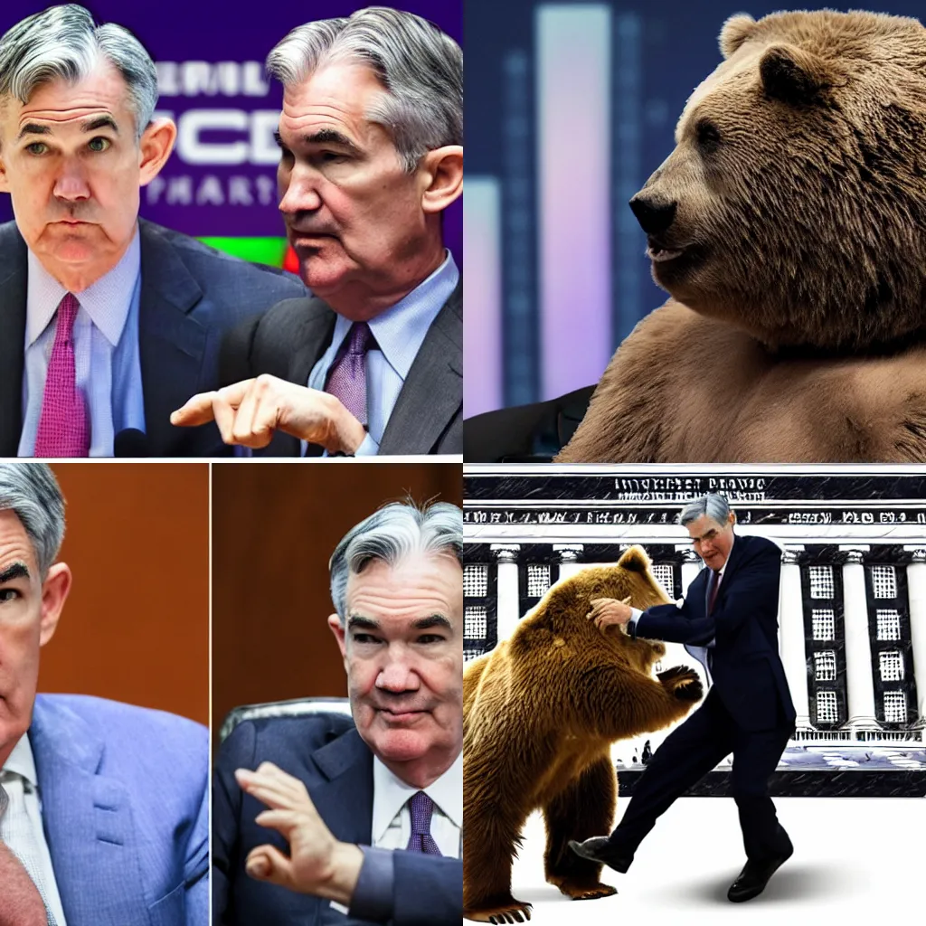 Prompt: Jerome Powell punching a bear market