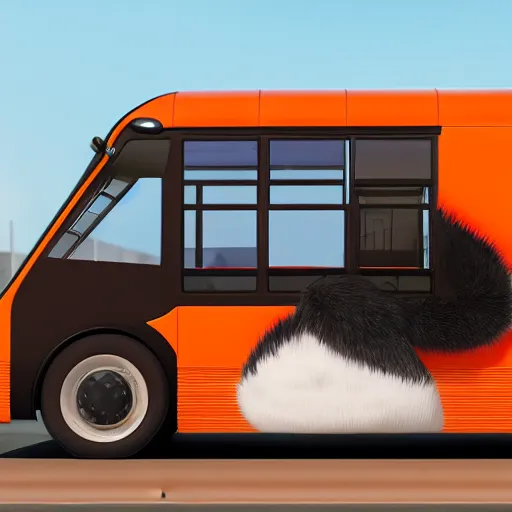 Image similar to a bus covered by orange and black striped soft fur, with 10 paws instead of wheels and a huge smiling cat face on the front and a furry cat tail at the back. Trending by artstation, rendered in unreal engine 5, anime style.