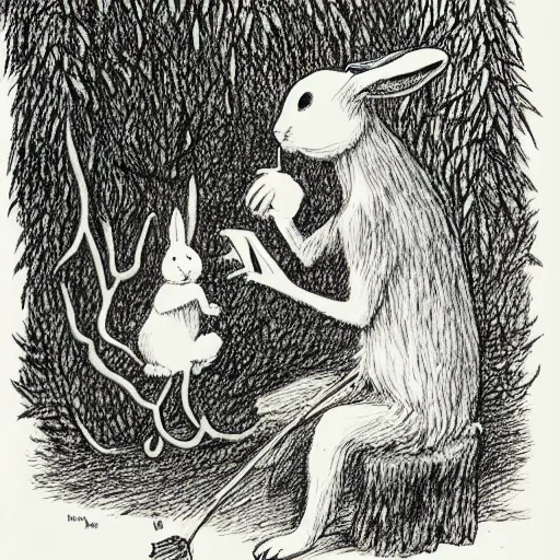 Prompt: drawing of a white bunny smoking a big cigarette in the deep tangled forest, by edward gorey, by gustav dore, black ink on white paper