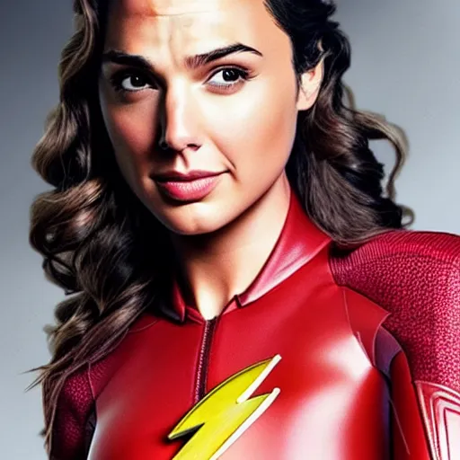 Image similar to an potrait of gal gadot cast of the flash, and wearing a flash suit, photorealistic, high detail, full body shot.