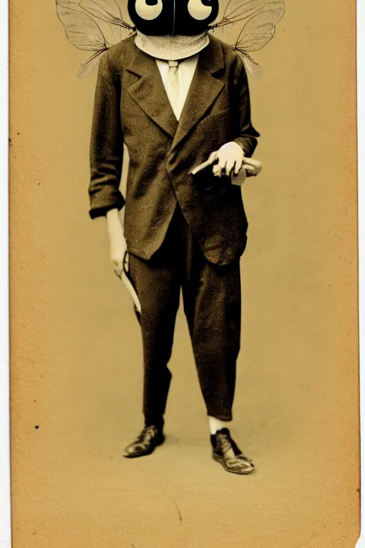 Image similar to anthropomorphic insect, wearing a suit, vintage photograph, sepia