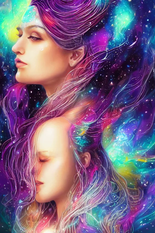 Image similar to one super realistic beautiful young womans face, magical, space stars and planets in her hair, windblown, intricate, synth-wave, retrowave, colorful, highly-detailed, elegant, dramatic lighting, gorgeous face, lifelike, photorealistic face, long luxurious intricate gown, digital painting, artstation, illustration, concept art, smooth, sharp focus, art by Jude Palencar, John Collier, artgerm, and Albert Aublet and Krenz Cushart and Artem Demura and Alphonse Mucha