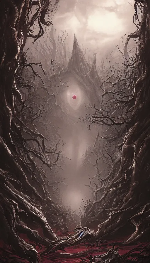 Image similar to a storm vortex made of many demonic eyes and teeth over a forest, by artstation