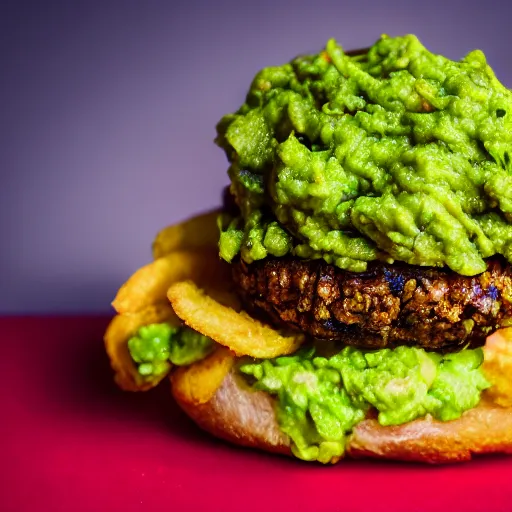 Image similar to juicy vegan hamburger topped with guacamole and fried onion and a vegan fried egg, crispy buns, 8 k resolution, professional food photography, studio lighting, sharp focus, hyper - detailed