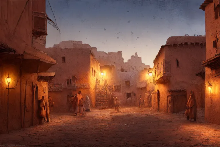 Image similar to in the middle of a adobe house kasbah town, mud and brick houses, merchant street, pueblo dense architecture, narrow streets, colorful crowd. Scenic view at night, underexposed, clean horizon, matte painting by craig mullins and Anato_Finnstark, dark fantasy, style of game of thrones, concept art trending on artstation, 4k, insane details