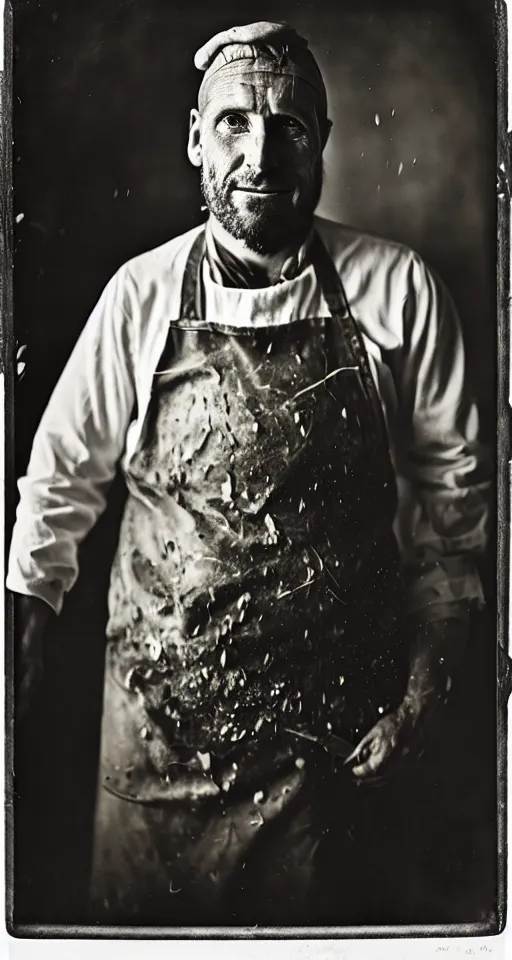 Prompt: a wet plate photograph, a portrait of a 30-year-old butcher