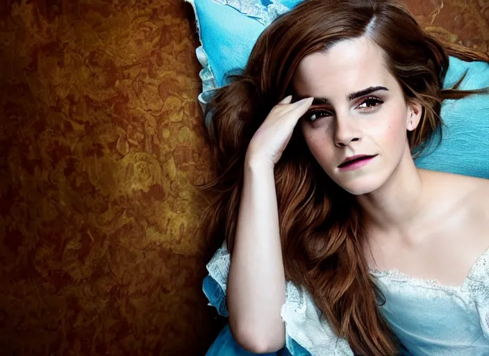 Image similar to Emma Watson for Victorian Secret, perfect face, morning sleeping bedroom, full length shot, colorful, XF IQ4, 150MP, 50mm, f/1.4, ISO 200, 1/160s, natural light, Adobe Photoshop, Adobe Lightroom, DxO Photolab, Corel PaintShop Pro, rule of thirds, symmetrical balance, depth layering, polarizing filter, Sense of Depth, AI enhanced