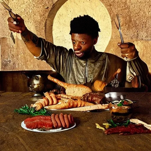 Image similar to “ 2 1 savage eating sausage, award winning pork, actual photo from 1 0 5 6 ad ”