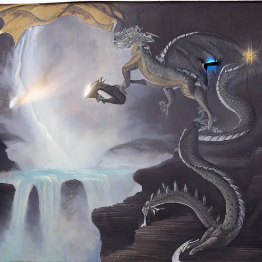 Image similar to oil painting of a dragon flying in the air near a cave with a waterfall in the center, light emanating from the waterfall leading to a big pool of water, dragon has black and white siberian tiger stripes, elegant, sharp focus, wide shot, clear, detailed, early renaissance