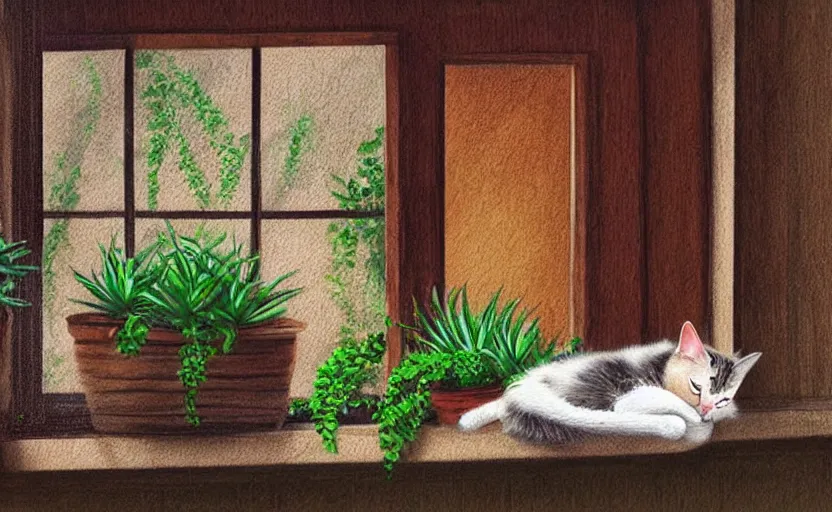 Prompt: sleeping cat on window, inside house in village, plants, calm, warm, cozy, digital art, sweet home, cute, detailed