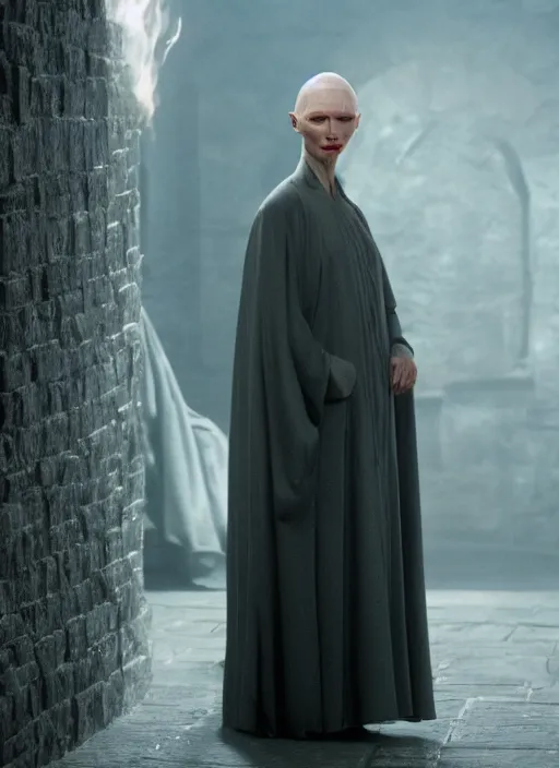 Prompt: film still of tilda swinton as voldemort in harry potter, 4 k, no nose