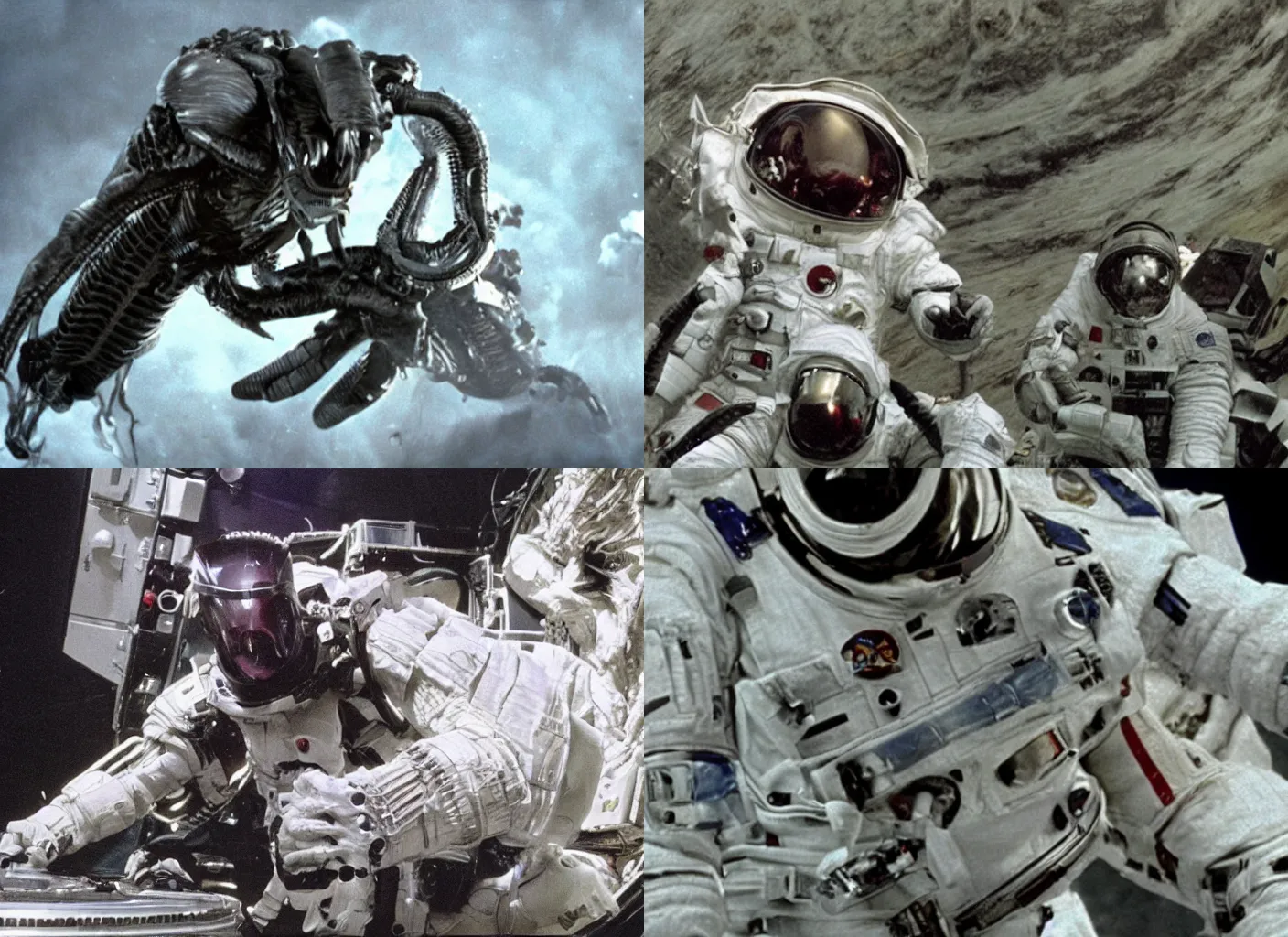 Prompt: xenomorph attack, xenomorph, xenomorphs, astronauts, space shuttle, apollo 1 1, the movie alien, high definition, grainy footage, color footage, landscape, far length photography