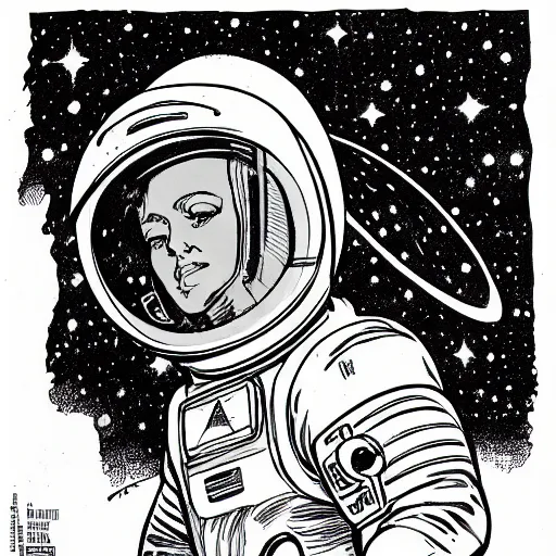 Image similar to illustration of butch tomboy stoic emotionless square - jawed heroic blonde woman astronaut, space helmet, on spacewalk, nebula in background, stellar anomaly, pen and ink, ron cobb, mike mignogna, comic book, black and white, science fiction, punk, grunge, used future, illustration, comic book cover, - ar 1 6 : 9