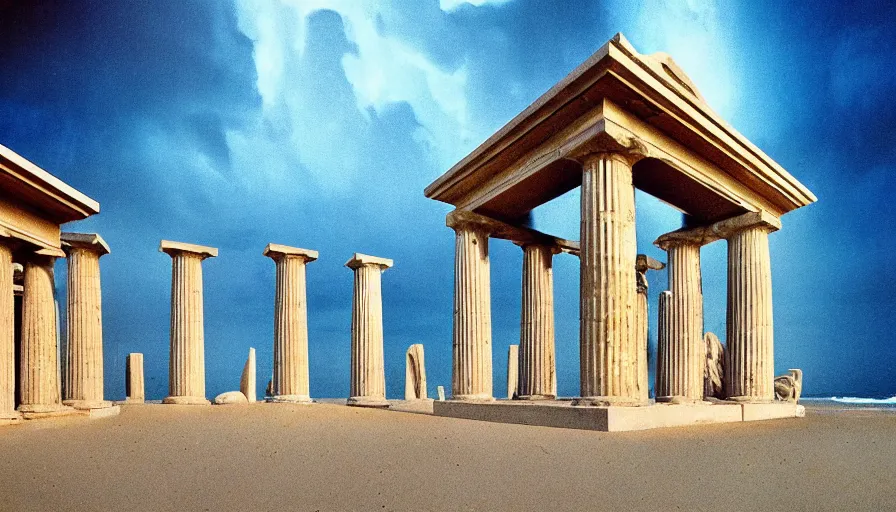 Image similar to A 1985 vintage magazine architecture photo of a beach doric temple, mediterranean architecture, refracted lines and sparkles, thunderstorm outside, beach on the background major arcana sky and occult symbols, hyperrealistic, award-winning, 1985