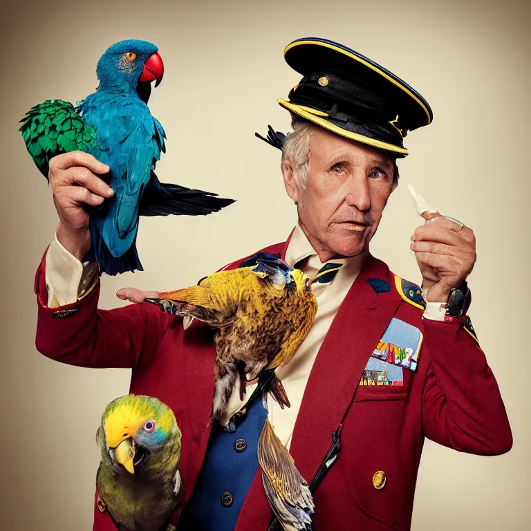 Image similar to high fashion photoshoot octane render portrait by wayne barlow and carlo crivelli and glenn fabry, a distinguished sea captain wearing a colorful wes anderson designed uniform and holding a small parrot inside a high - end exotic colorful pastel vintage boutique hotel lounge, very short depth of field, bokeh