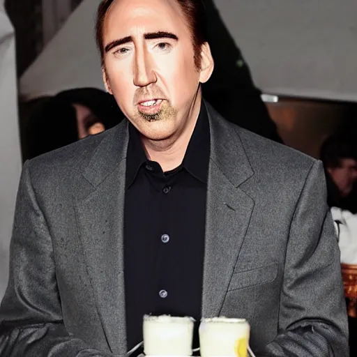 Prompt: hangry nicholas cage eating mayonaise