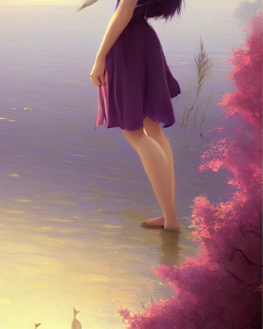 Image similar to an anthropomorphic fox girl with purple hair, she wears a simple sundress, she has a pronounced snout and two pointed black ears, beautiful lake background, illustration by greg rutkowski, thomas kindkade, loish, artstation, furaffinity, deviantart