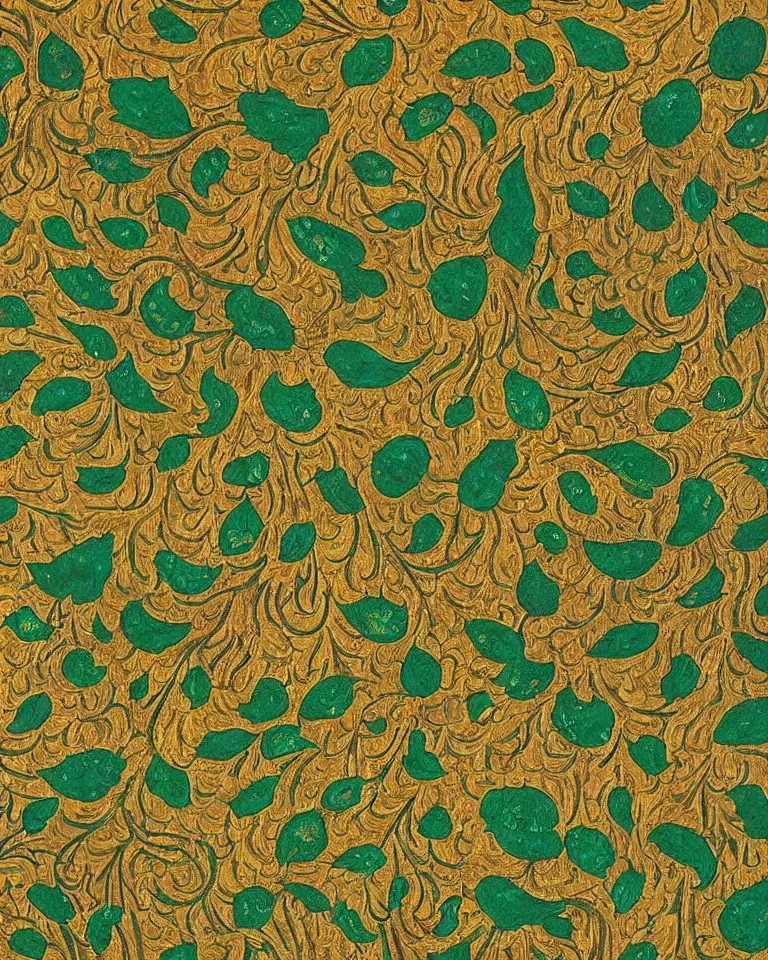 Prompt: “extreme close up print of a flowing ornamental pattern featuring emeralds and gold flowers by Raphael, Hopper, and Rene Magritte.”