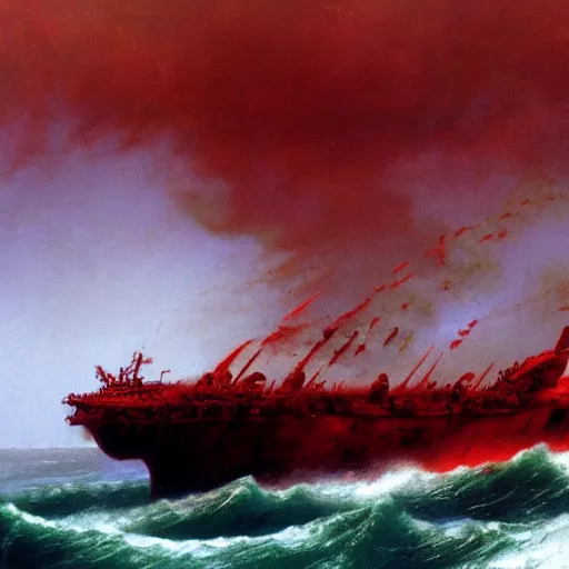 Image similar to bloody ocean, rusted iron ship sinking in red blood ocean, by Ivan Aivazovsky, junji ito, hd 8k