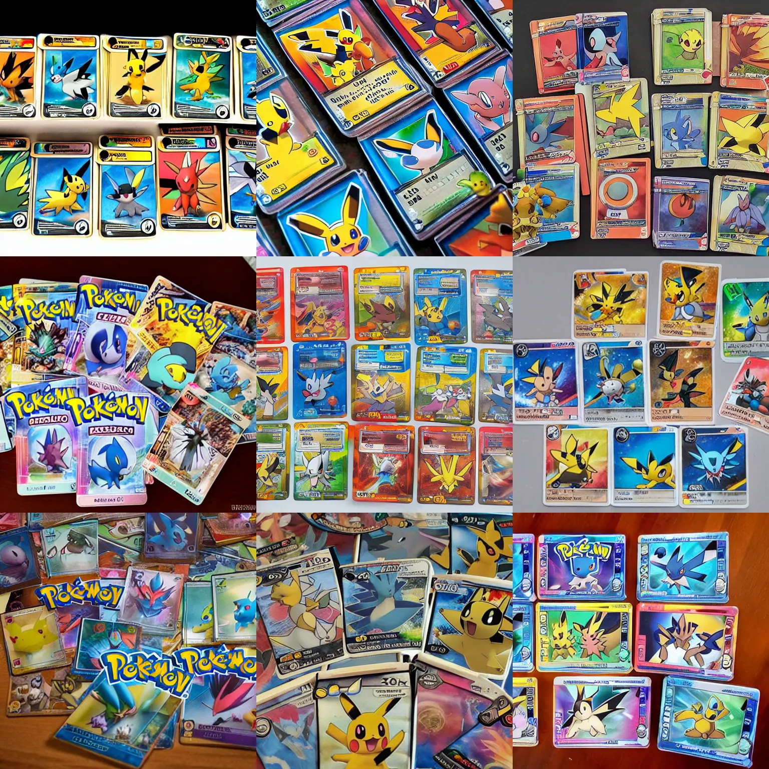 Prompt: a pile of the most rare pokemon cards ever created sitting on a table in a bright room.
