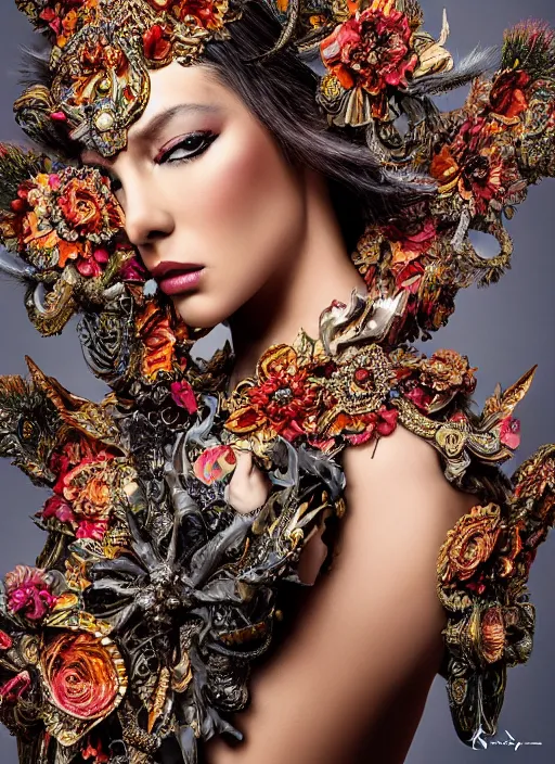 Image similar to expressive full body photo of a female model, ornate headpiece made from flowers, ornaments, glamour shot, by karol bak, by stefan gesell, photorealistic, canon r 3, fashion photography, hyper maximalist, elegant, ornate, luxury, elite, environmental portrait, symmetrical features, octane render, unreal engine, solid dark grey background, dramatic lights