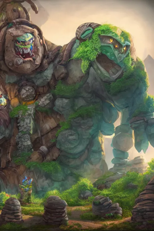 Image similar to zelda fantasy art giant golem troll wood rock greeble gemstone, global illumination ray tracing hdr fanart arstation by sung choi and eric pfeiffer and gabriel garza and casper konefal