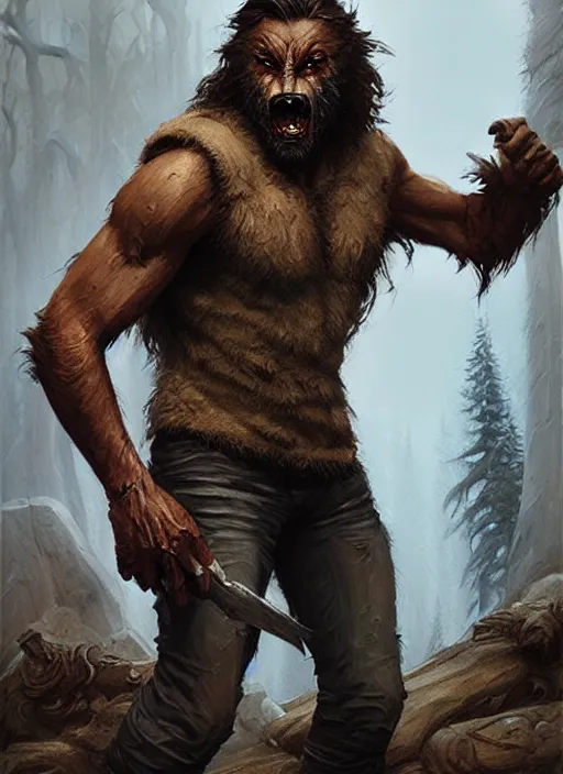 Image similar to rugged werewolf, dnd, fantasy oil _ painting _ unreal _ 5 _ daz. _ rpg _ extremely _ detailed _ artgerm _ greg rutkowski