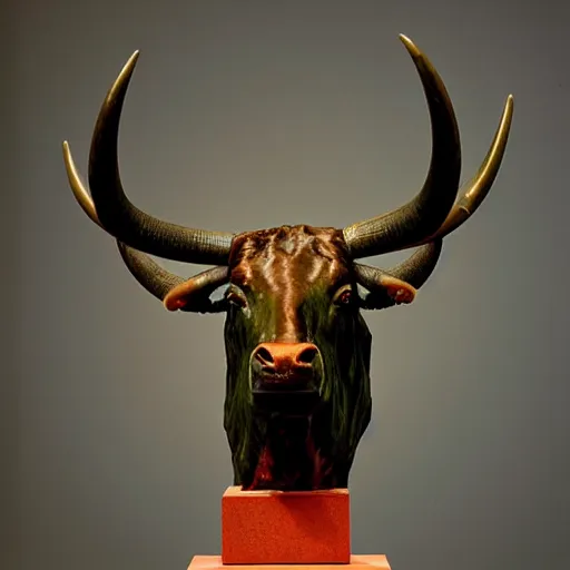 Image similar to professional color photograph of a patinated bronze portrait bust of an angry Texas Longhorn Bull supported by a bronze plinth, by (Auguste Rodin), (Jean-Leon Gerome), FREDERIC REMINGTON