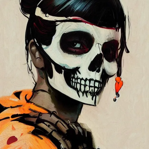 Prompt: a portrait of a girl skull face, wearing a mask, in the style of banksy, van gogh, atey ghailan and steve mccurry, vibrant colors and hard shadows and strong rim light, lucien freud, comic cover art, trending on artstation