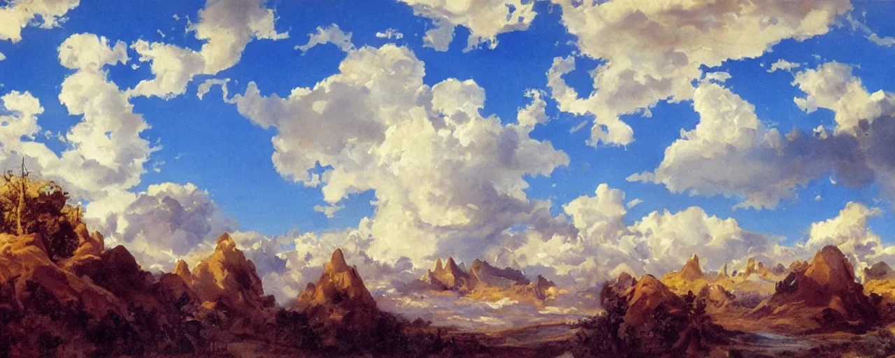 Image similar to disney illustrated background of blue sky huge clouds by eugene von guerard, ivan shishkin, john singer sargent