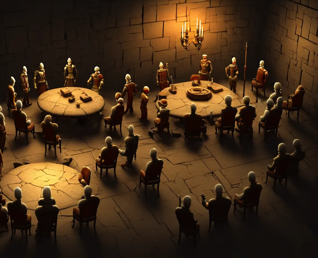 Prompt: the forbidden underground meetings of the traitors, a dimly lit stone room, some old chairs, all traitors are standing around a roundtable debating how to kill the king, cinematic landscape, betrayal in the air, octane render, artstation