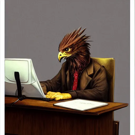 Prompt: a life-like photographic fantasy art raptorial composition of hawk office worker bird-man at computer desk facial portraiture, in stunning digital paint, trending fantasy art by Michael Whelan