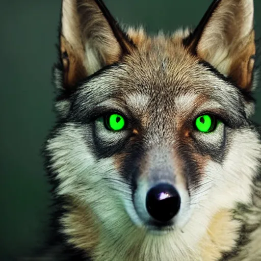 Prompt: winged wolf with glowing green eyes, award winning photograph