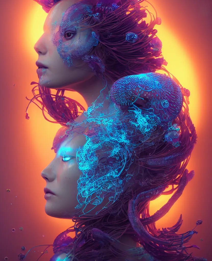 Image similar to goddess close-up portrait. jellyfish phoenix head, nautilus, orchid, skull, betta fish, bioluminiscent creatures, intricate artwork by Tooth Wu and wlop and beeple. octane render, trending on artstation, greg rutkowski very coherent symmetrical artwork. cinematic, hyper realism, high detail, octane render, 8k