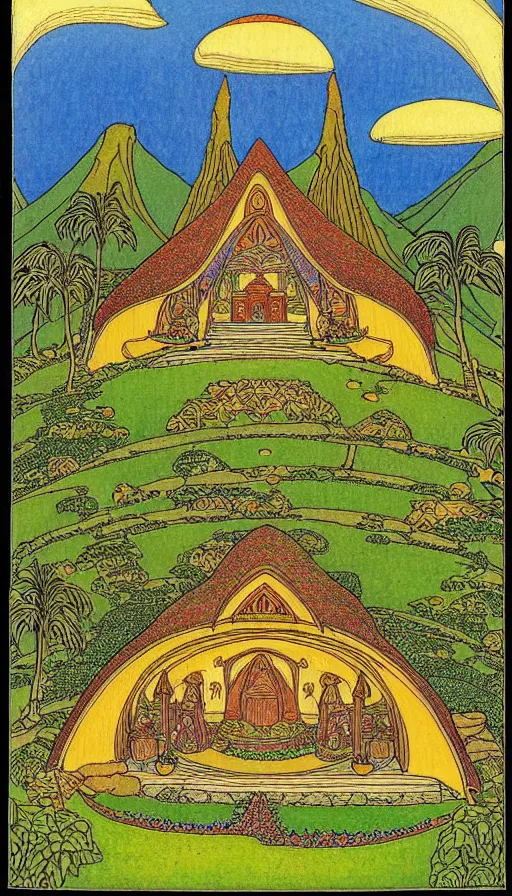 Image similar to hobbit monastery on hawaii, by Ivan Bilibin,