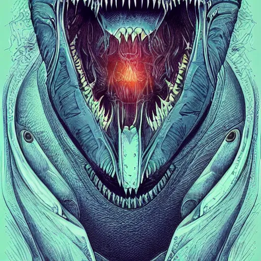 Image similar to android jones illustration of a shark, alien mouth