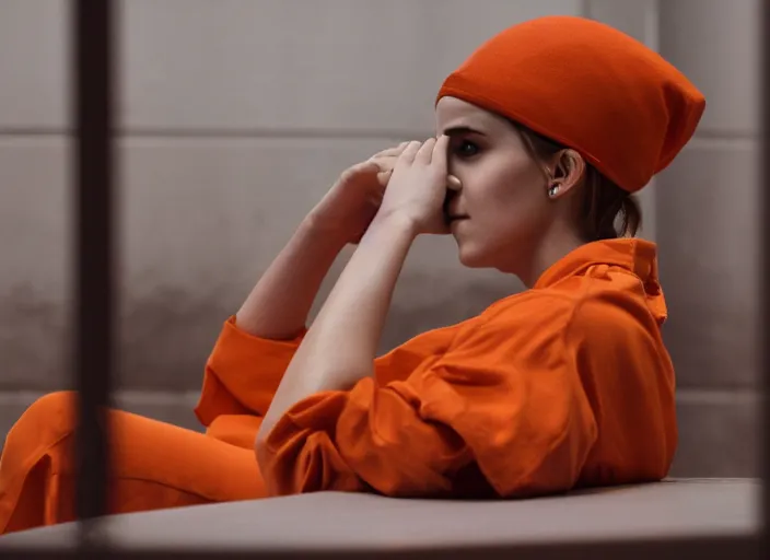 Image similar to photo of emma watson sitting in a jail cell wearing an orange jumpsuit and a red hat, defocused bars in the foreground, detailed face, 8 k, 8 5 mm f 1. 8