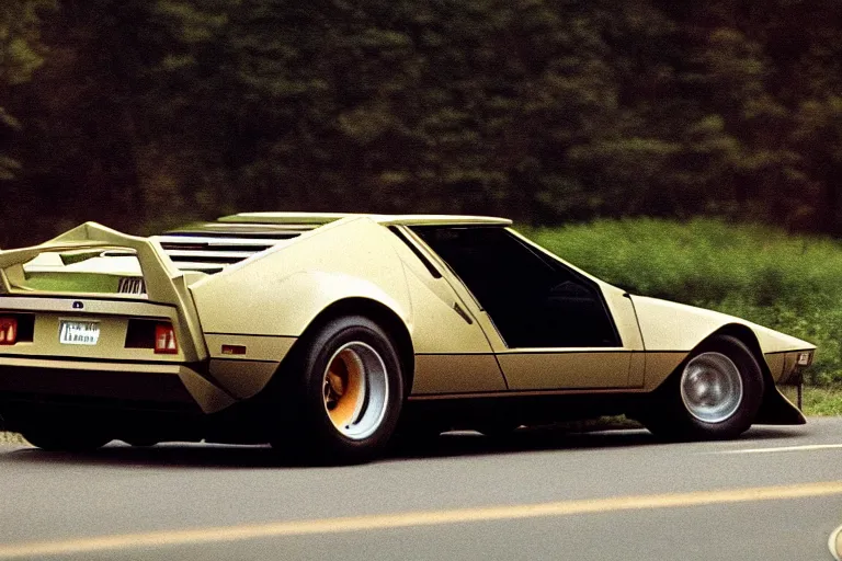 Prompt: 1975 De Tomaso Pantera Countach, movie still, speed, cinematic Eastman 5384 film